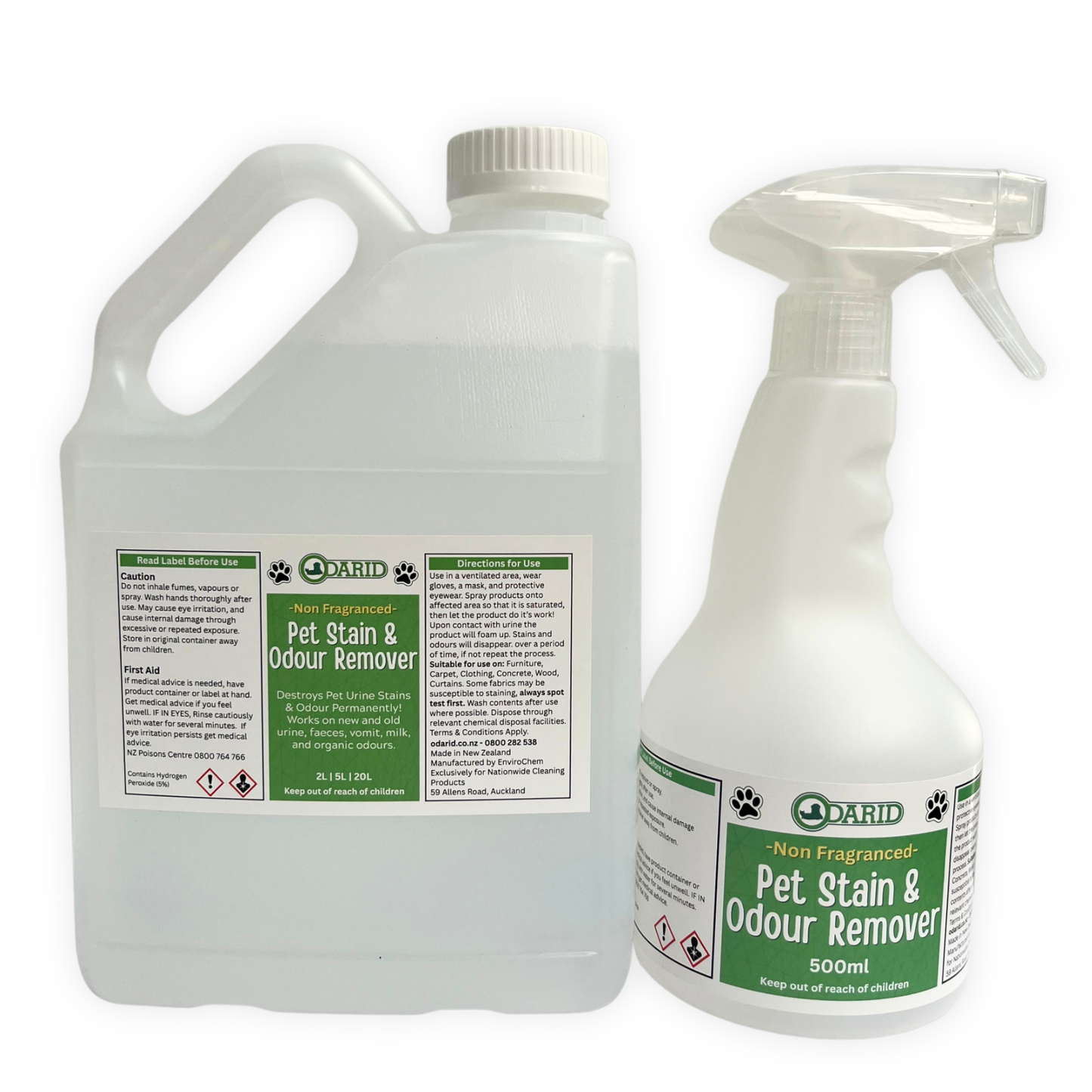 Odarid Pet Stain & Odour Remover Non Fragranced 2 Litre Bottle & Empty 500ml Spray Bottle