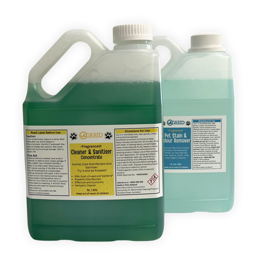 Cleaner & Sanitiser 2 Litre in front of a Pet Stain & Odour Remover 2 Litre in a Combo Deal