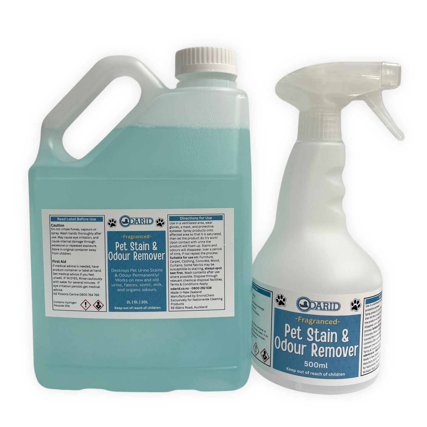 Odarid Pet Stain & Odour Remover Fragranced 2 Litre Bottle & Empty 500ml Spray Bottle 